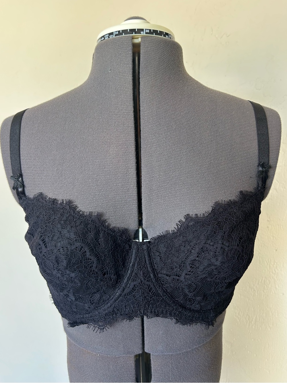 DOBREVA Black Lace Balconette Bra 34E Underwired Floral Hook & Eye F070A(1968)
